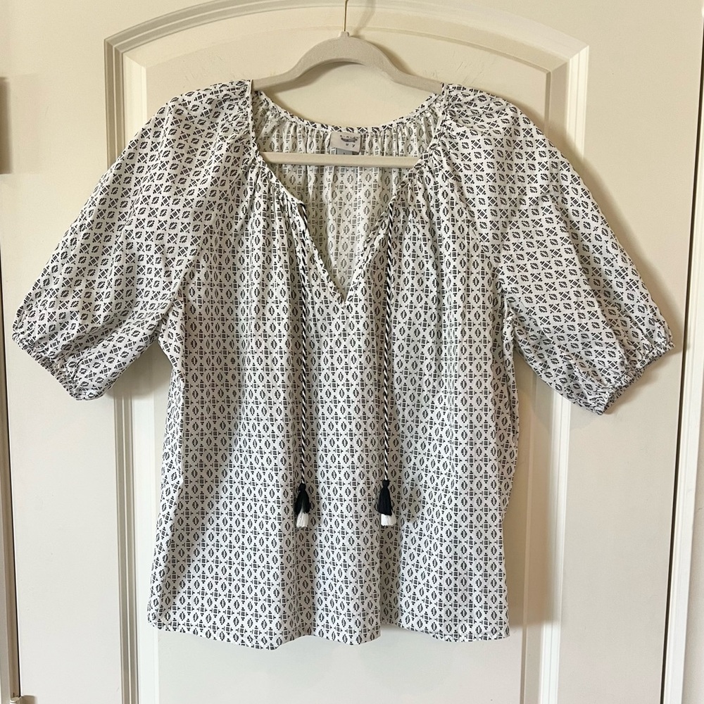 A New Day Boho Geometric Peasant Blouse - Tassel Tie Puff Sleeve Top 100% cotton